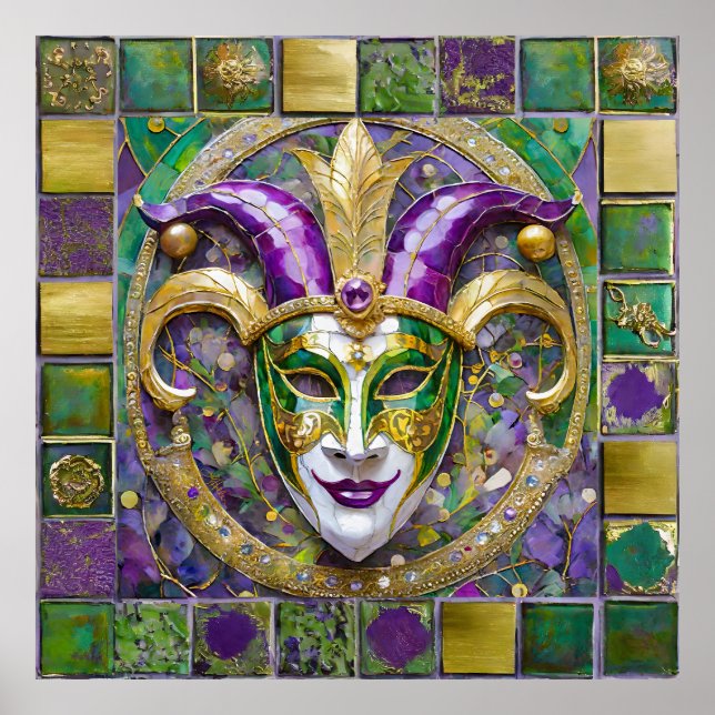 Gold Green Purple Mardi Gras Jester Mask Poster (Front)