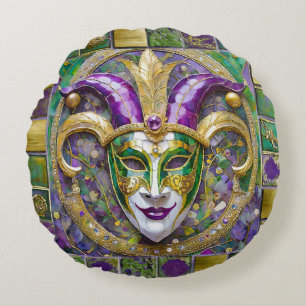 Gold Green Purple Mardi Gras Jester Mask Round Cushion