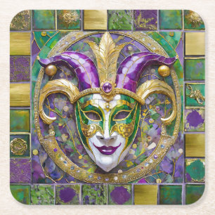 Gold Green Purple Mardi Gras Jester Mask Square Paper Coaster