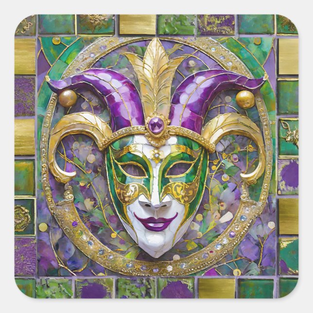 Gold Green Purple Mardi Gras Jester Mask Square Sticker (Front)