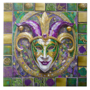 Gold Green Purple Mardi Gras Jester Mask Tile