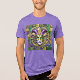 Gold Green Purple Mardi Gras Jester Mask Tri-Blend Shirt