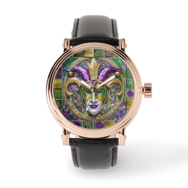 Gold Green Purple Mardi Gras Jester Mask Watch (Front)