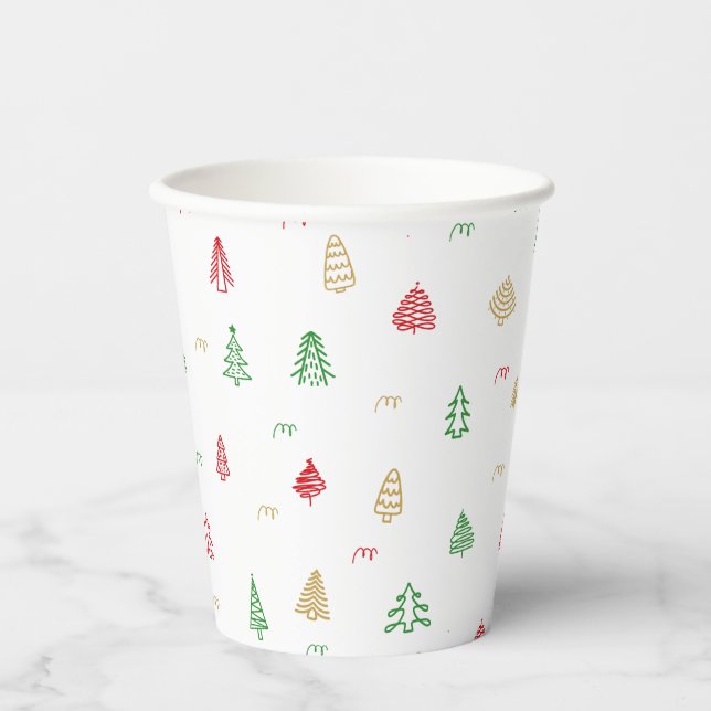 Gold Green Red Christmas Trees Pattern Paper Cups (Front)