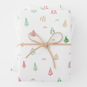 Gold Green Red Christmas Trees Pattern Wrapping Paper Sheet