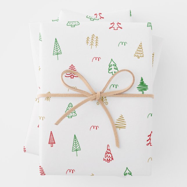 Gold Green Red Christmas Trees Pattern Wrapping Paper Sheet (In situ)