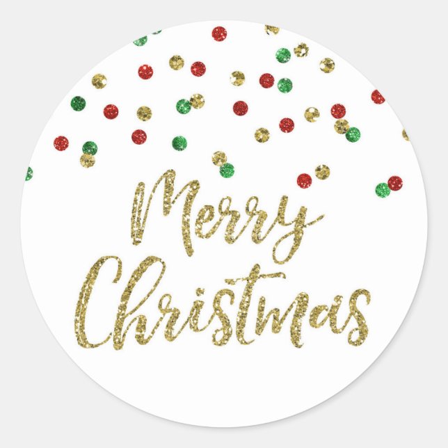 Gold Green Red Glitter Confetti Merry Christmas Classic Round Sticker (Front)
