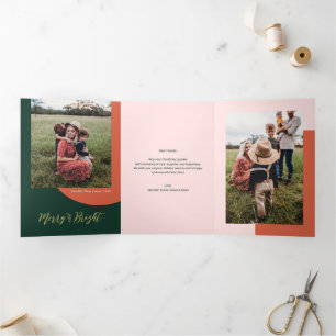 Gold & Green, Red   Merry & Bright Christmas Photo Tri-Fold Holiday Card
