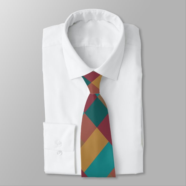 Gold Green Red Rust Turquoise Colour Block Tie (Tied)