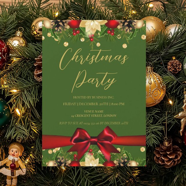Gold Green Ribbon Glitter Christmas Corporate  Invitation (Gold Green Ribbon Glitter Christmas Corporate Invitation)