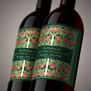 Gold Green Royal Mediaeval Floral Sword Wedding Wine Label