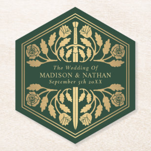 Gold Green Royal Mediaeval Sword Wedding Paper Coaster