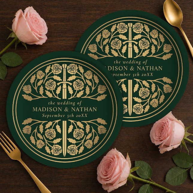 Gold Green Royal Mediaeval Sword Wedding  Paper Plate (Creator Uploaded)