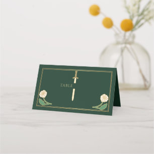 Gold Green Royal White Floral Sword Wedding Place Card