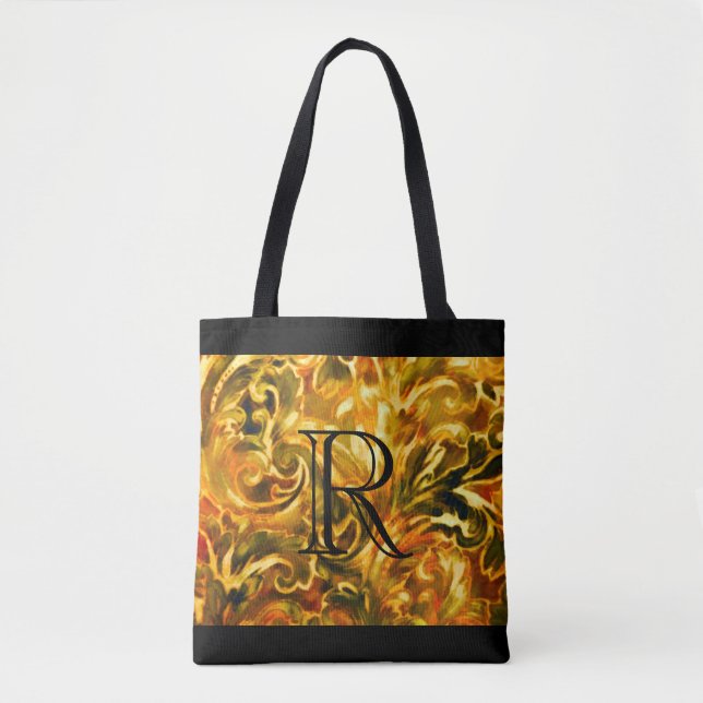 Gold Green Rust Damask Pattern with Monogram Tote Bag (Front)
