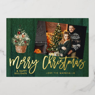 Gold & Green Rustic Merry Christmas One Photo