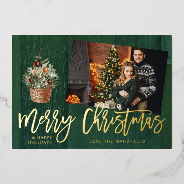 Gold & Green Rustic Merry Christmas One Photo (Front)