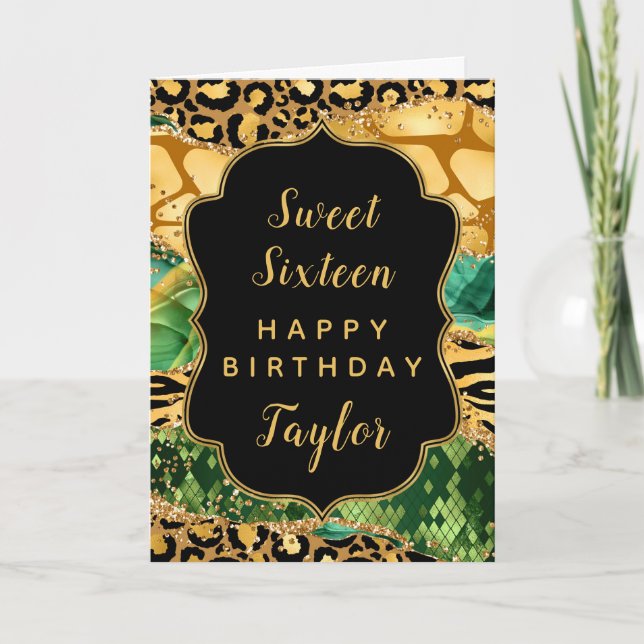 Gold Green Safari Agate Sweet 16 Happy Birthday Card (Front)