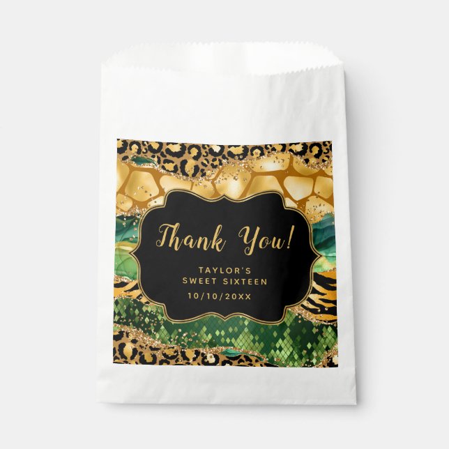 Gold Green Safari Agate Sweet Sixteen Thank You Favour Bags (Front)