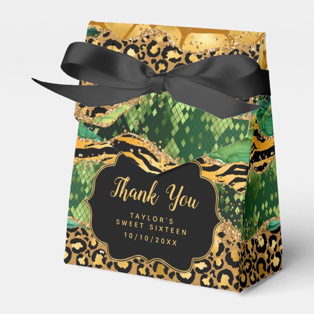 Gold Green Safari Agate Sweet Sixteen Thank You Favour Box (Front Side)
