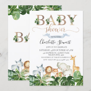 Gold Green Safari Animals Baby Shower Invitation