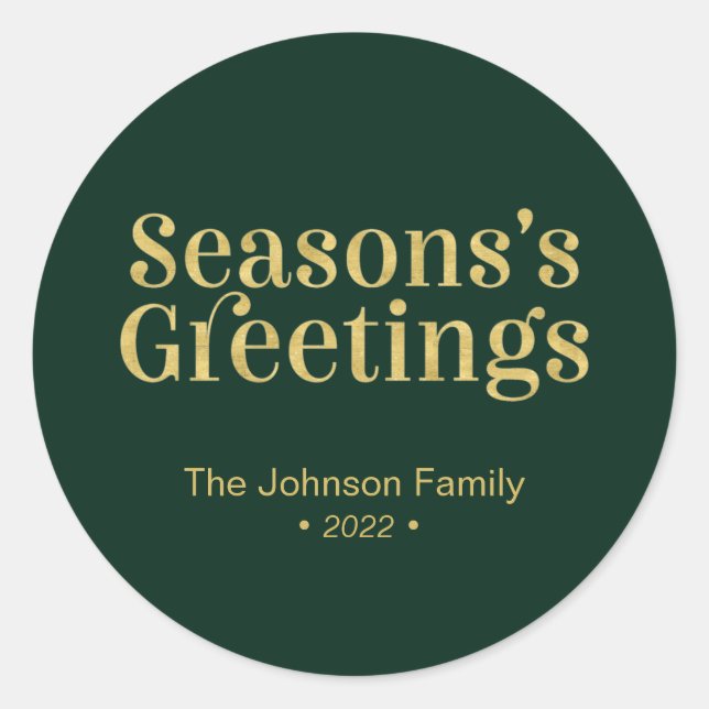 Gold & Green Seasons Greeting Christmas Holiday Classic Round Sticker (Front)