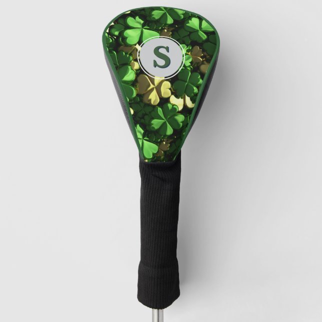 Gold Green Shamrocks Monogram Golf Head Cover (Front)