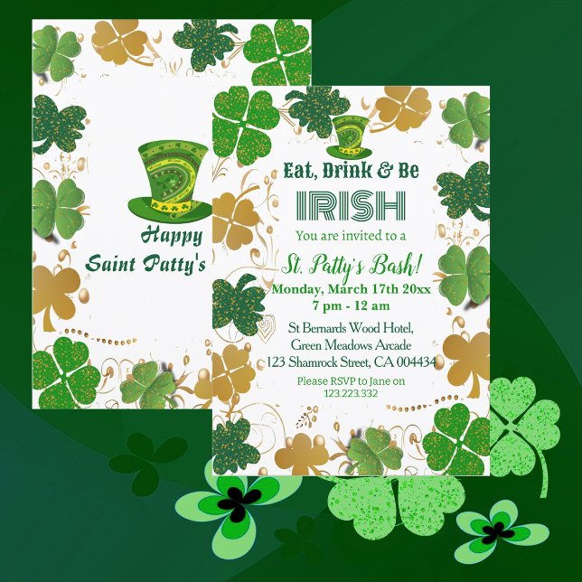 Gold Green Shimmer Irish Shamrocks St Pattys Bash  Invitation (Gold Green Shimmer Irish Shamrocks St Patty's Bash Invitation)