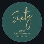 Gold & Green Sixty 60th Birthday Party Thank you Classic Round Sticker<br><div class="desc">This simple custom thank you sticker will add stylish detail to your special day. This design features modern gold script lettering " Sixty" with custom text on a green background. Matching 60th birthday invitations and party supplies are available in my shop BaraBomDesign.</div>