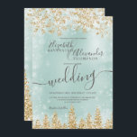 Gold  green snow pine Christmas winter wedding Invitation<br><div class="desc">Time to celebrate your winter wonderland wedding theme with this luxury gold glitter snowflakes sparkles and gold glitter pine tree forest on an elegant festive faux ice blue green metallic background,  featuring a modern cool script font typography.</div>