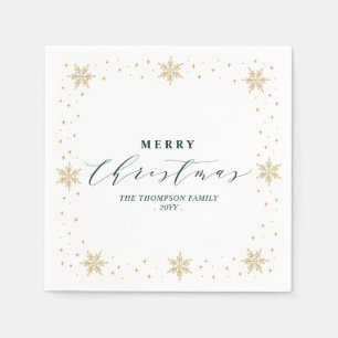 Gold & Green Snowflake Christmas Holiday Party Napkin