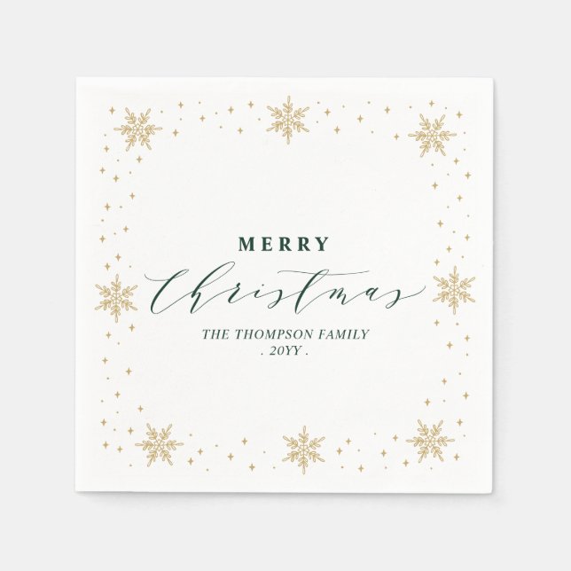Gold & Green Snowflake Christmas Holiday Party Napkin (Front)