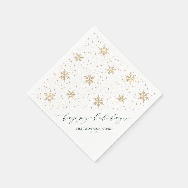 Gold & Green Snowflakes Christmas Holiday Party Napkin (Corner)