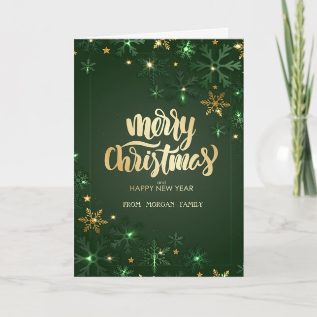 Gold Green Snowflakes  Holiday Card (Front)
