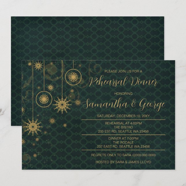 Gold Green Snowflakes Winter Rehearsal Dinner Invitation (Front/Back)