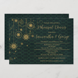 Gold Green Snowflakes Winter Rehearsal Dinner Invitation