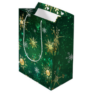 Gold Green Snowflakes Xmas Christmas Medium Medium Gift Bag