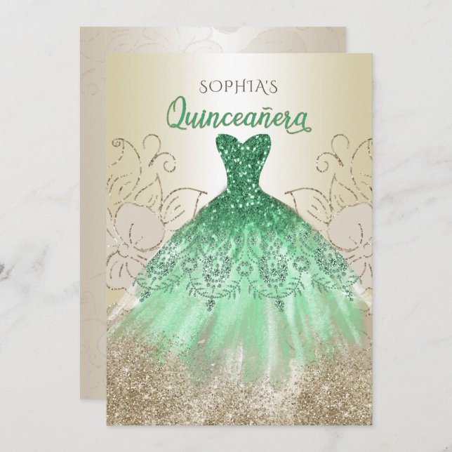 Gold Green Sparkle Dress Quinceañera Quince  Invitation (Front/Back)