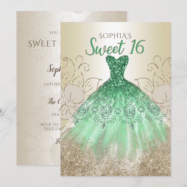 Gold Green Sparkle Dress Sweet 16 birthday  Invitation (Front/Back)