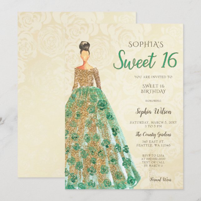 Gold  Green Sparkle Dress Sweet 16 birthday  Invitation (Front/Back)