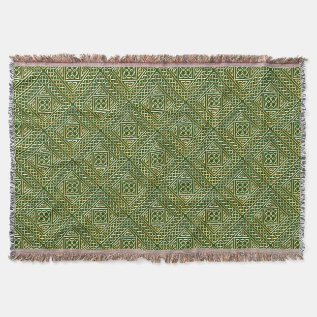 Gold Green Square Shapes Celtic Knotwork Pattern Throw Blanket (Front)