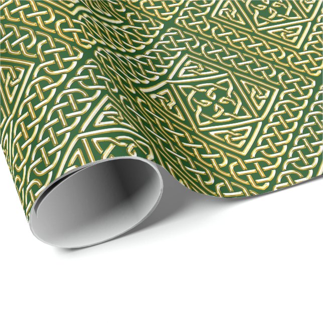 Gold Green Square Shapes Celtic Knotwork Pattern Wrapping Paper (Roll Corner)