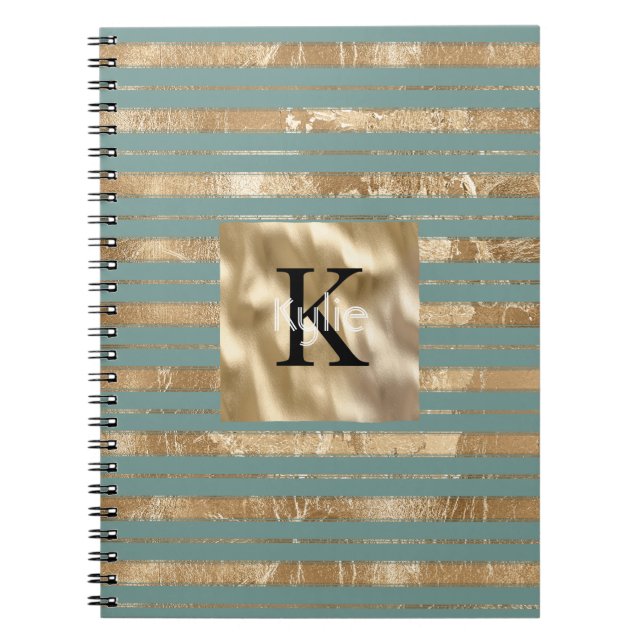 Gold Green Stripes Monogram Name Notebook (Front)