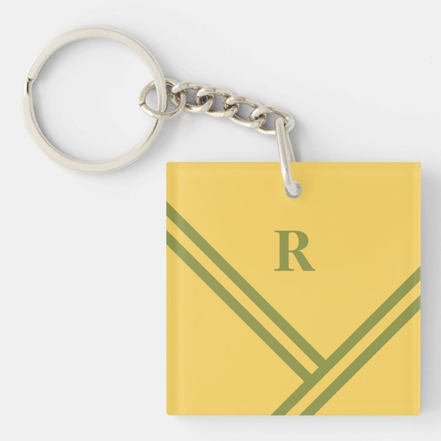 Gold Green Stripes Trending Colours Monogram Key Ring (Front)