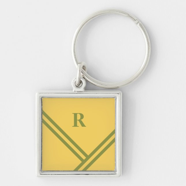 Gold Green Stripes Trending Colours Monogram Key Ring (Front)