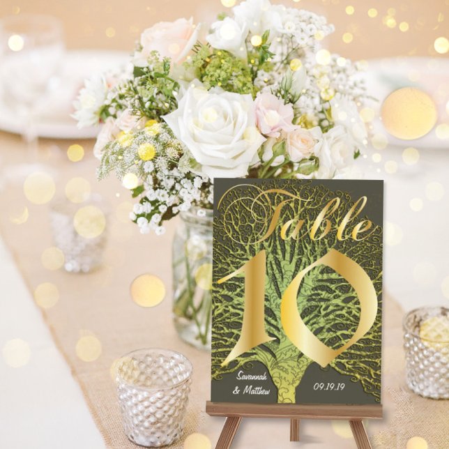 Gold Green Swirly Tree Table Number 10 Postcard (Creator Uploaded)