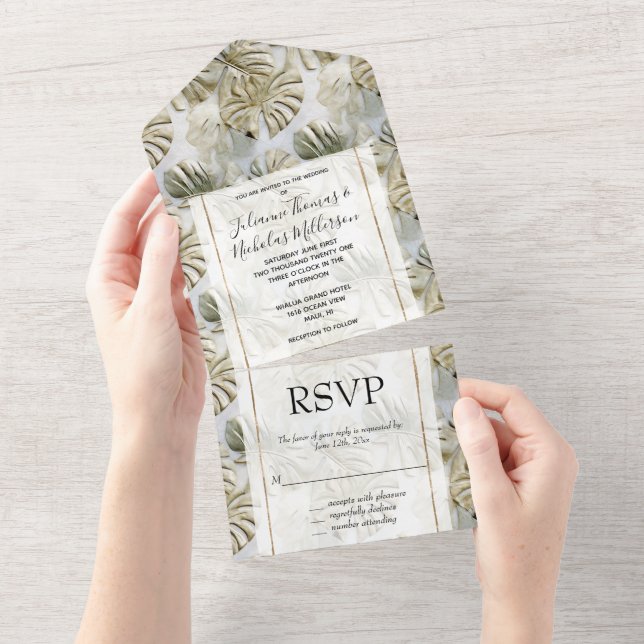 Gold Green Tropical Leaves All In One Invitation (Tearaway)