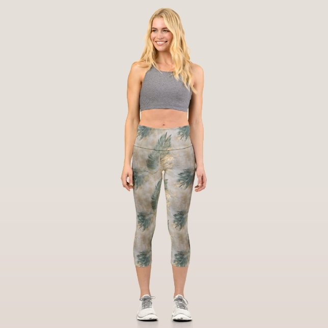 Gold Green Tropical Leaves Capri Leggings (Front)