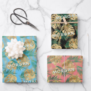 Gold/Green Tropical Leaves, Custom Name, 3 Colours Wrapping Paper Sheet