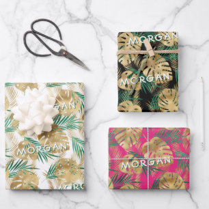 Gold/Green Tropical Leaves, Custom Name, 3 Colours Wrapping Paper Sheet